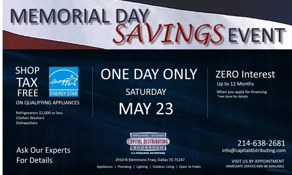 Memorial Day Savings Event | Tax Free on Qualifying Appliances | Capital Distributing Dallas TX