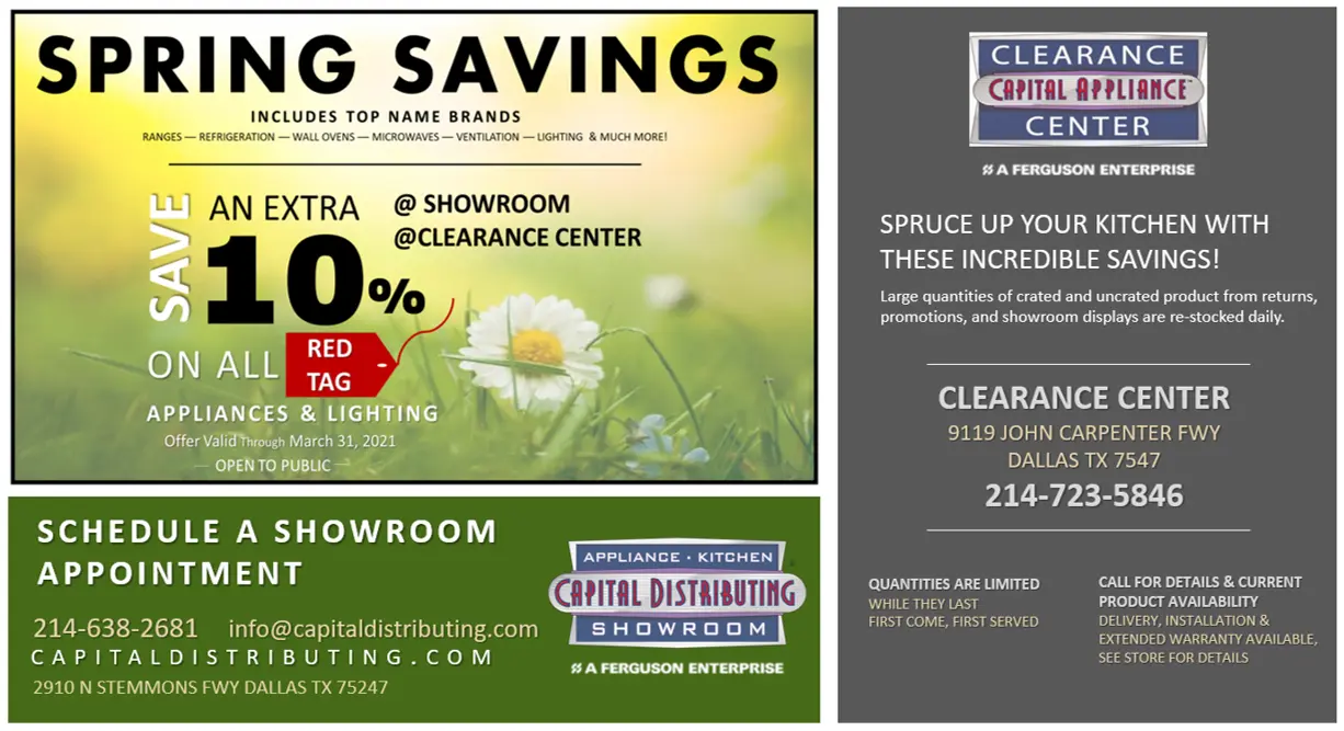 Save Extra 10% on selected appliances & lighting | Capital Distributing 214-638-2681