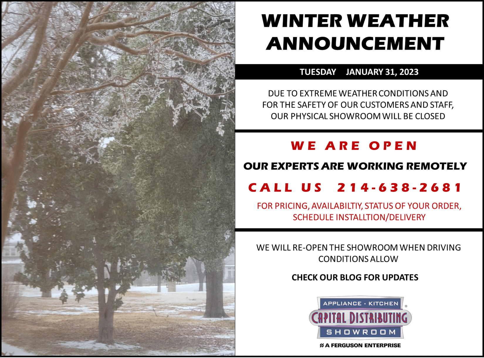 Winter Weather Announcement | Capital Experts are working remotely | call us 214-638-2681